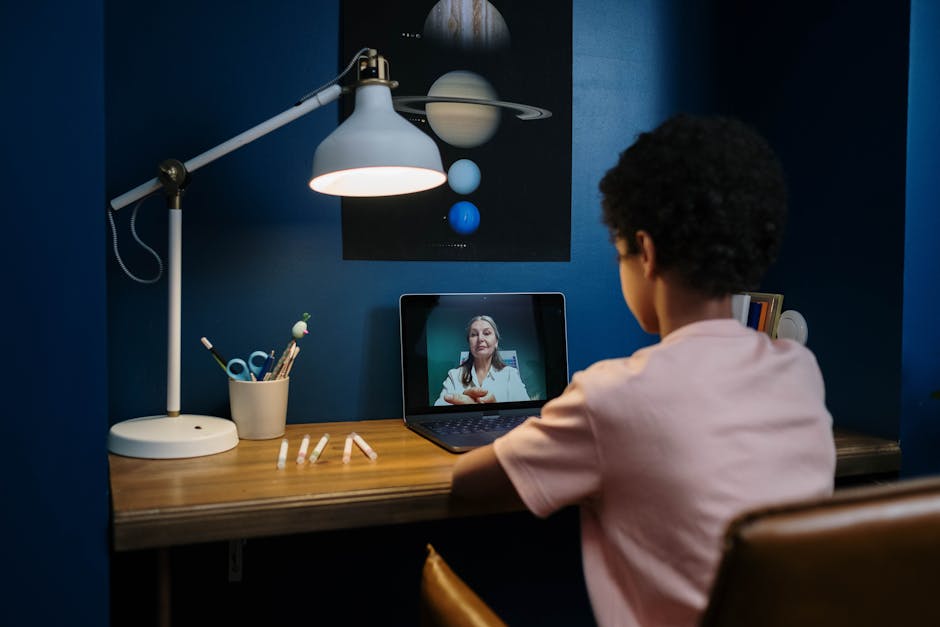A young student engaged in an online class with a teacher, sitting at a desk with a laptop